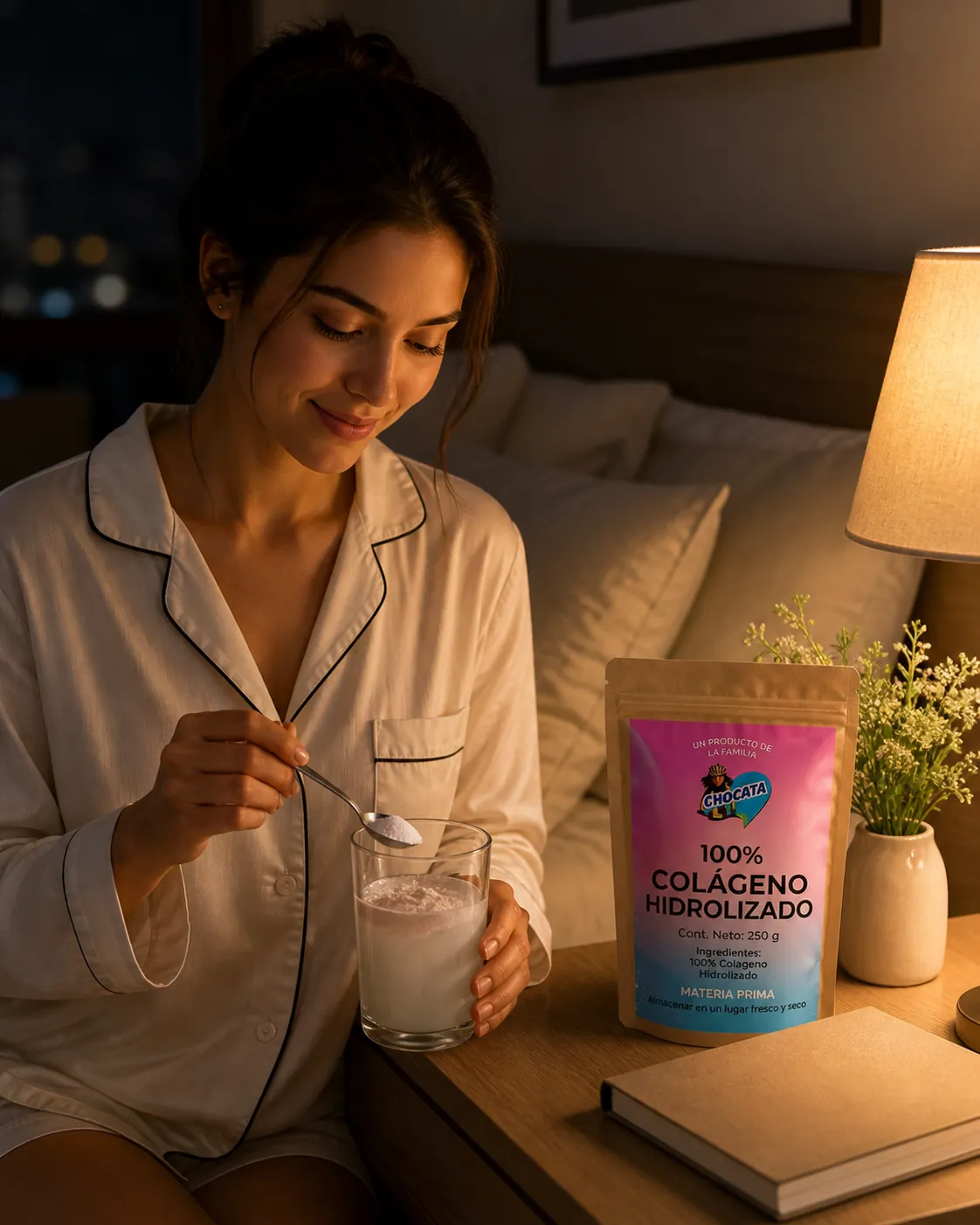 Mujer disolviendo colágeno hidrolizado CHOCATA antes de dormir