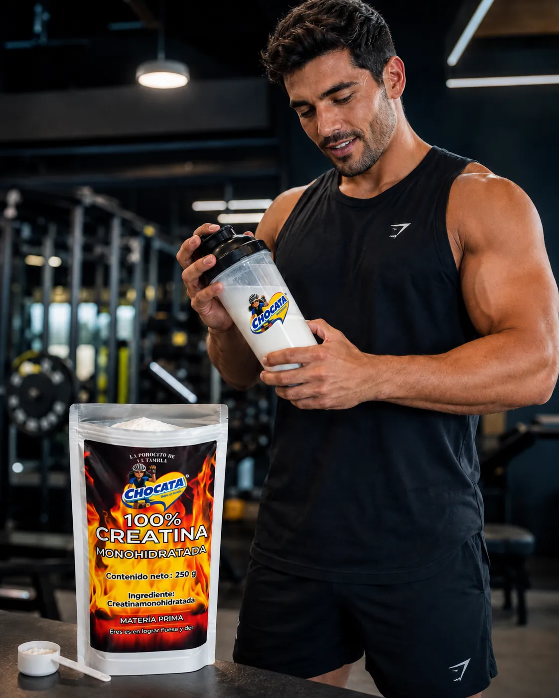 Deportista con shaker y empaque de Creatina CHOCATA en el gimnasio