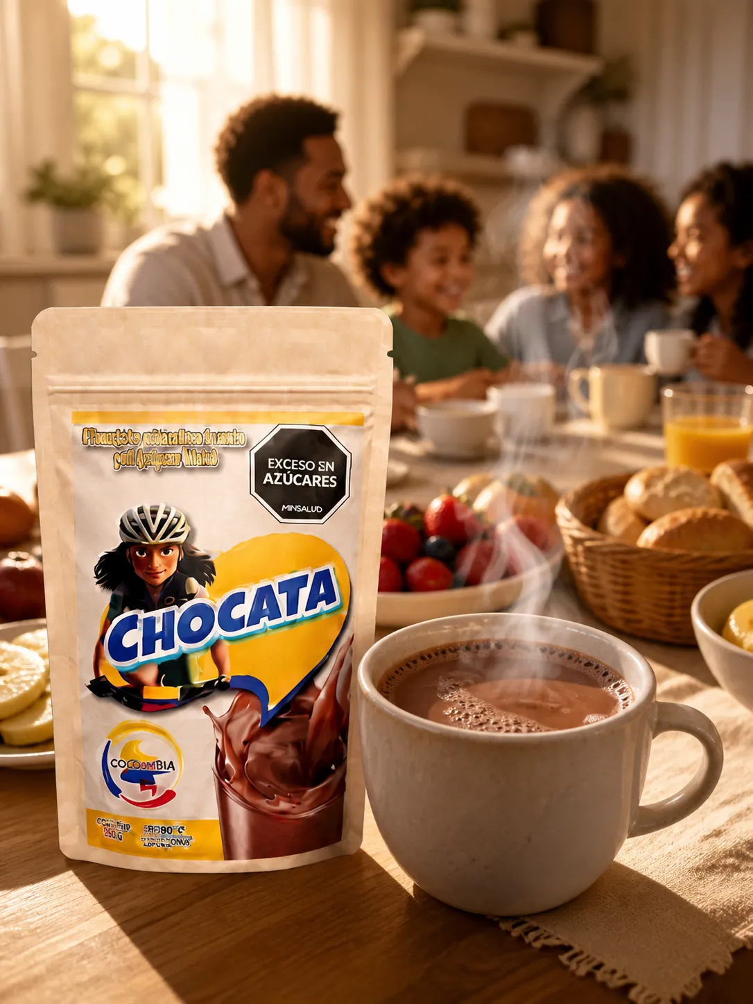 Taza de chocolate CHOCATA humeante en un desayuno familiar