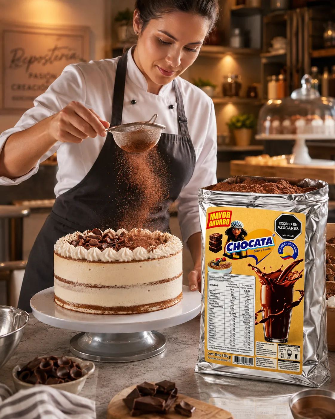 Repostera espolvoreando CHOCATA sobre una torta junto a la bolsa de 3,5 kg