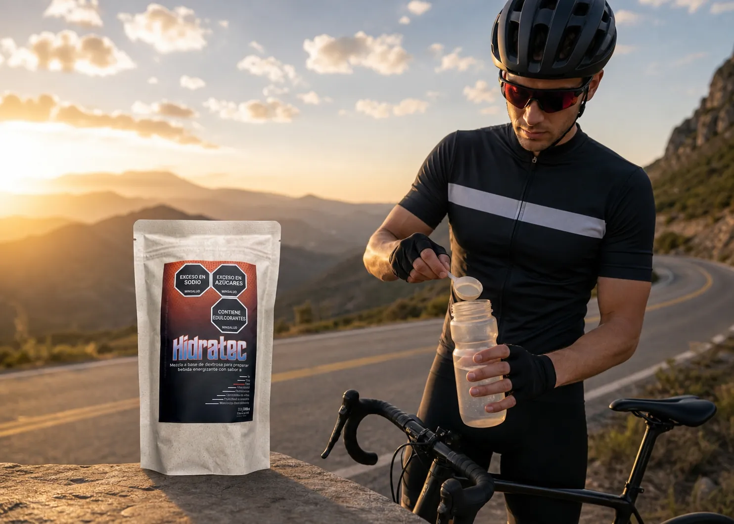 Ciclista preparando Hidratec en su caramañola al amanecer