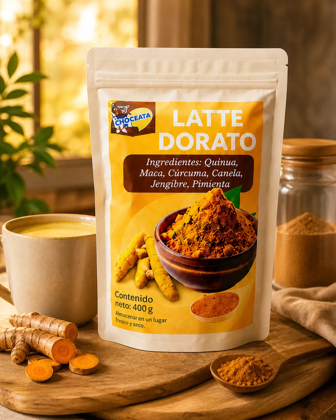 Taza de Latte Dorato CHOCATA junto al empaque y cúrcuma fresca