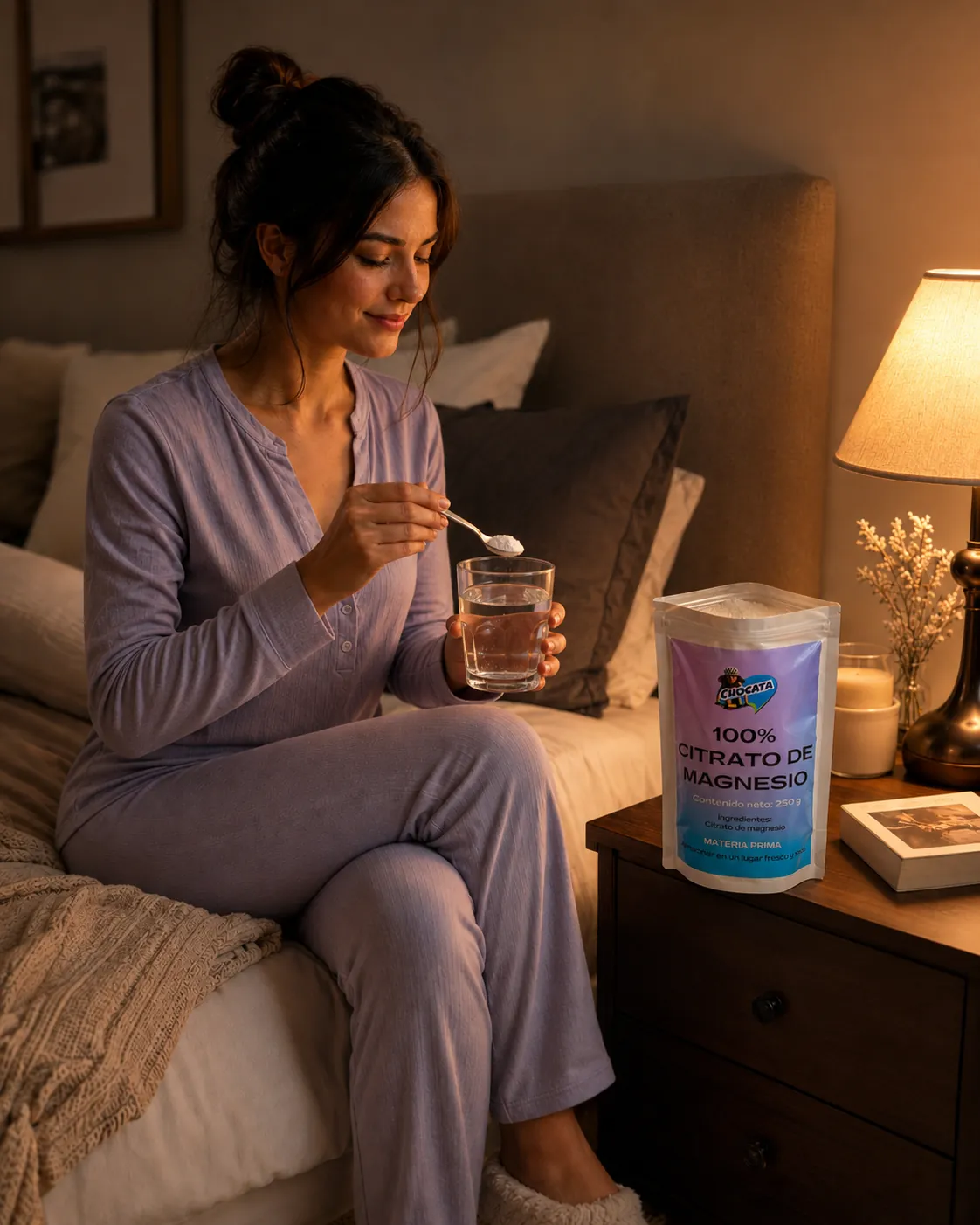 Mujer tomando citrato de magnesio CHOCATA antes de dormir