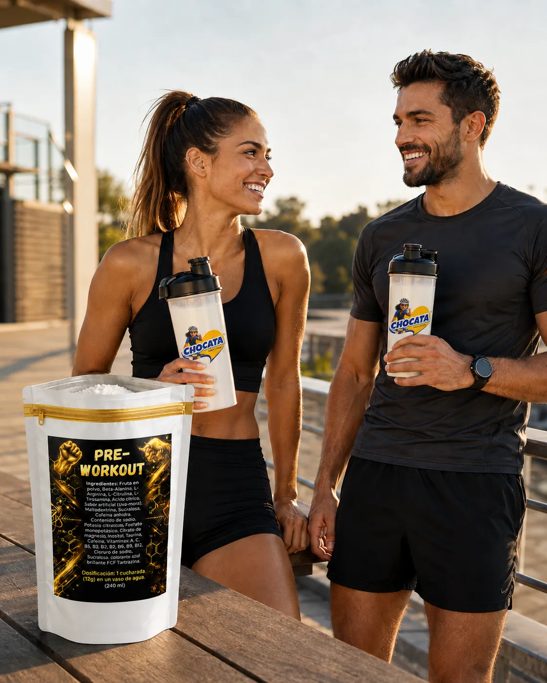 Pareja deportista con shakers y empaque de Pre-Workout CHOCATA