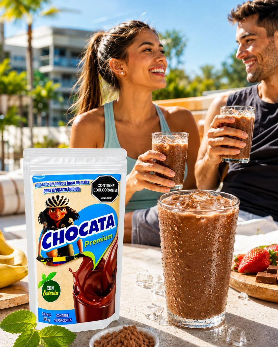 Empaque de CHOCATA Premium junto a dos deportistas con bebida fría