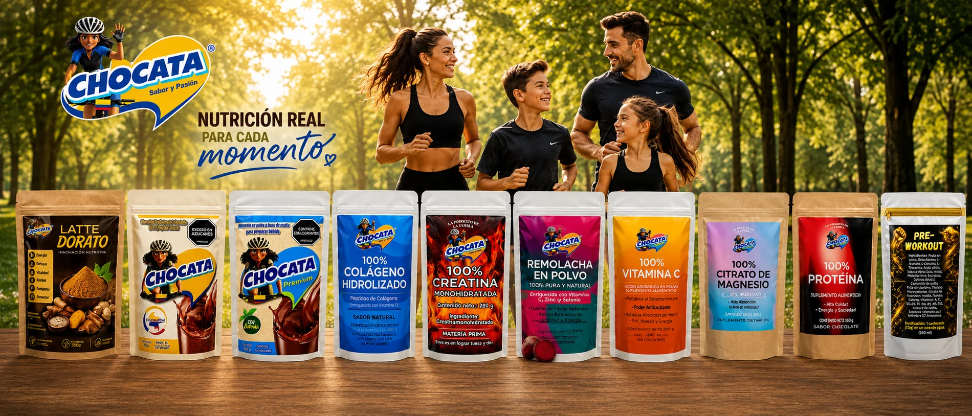 Línea completa de productos CHOCATA: Latte Dorato, chocolates, colágeno, creatina, remolacha, vitamina C, citrato de magnesio, proteína y pre-workout, con una familia corriendo al fondo