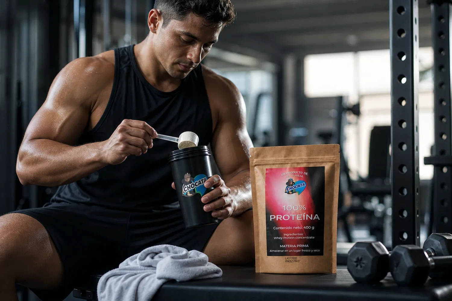 Deportista preparando 100 % Proteína CHOCATA en el gimnasio