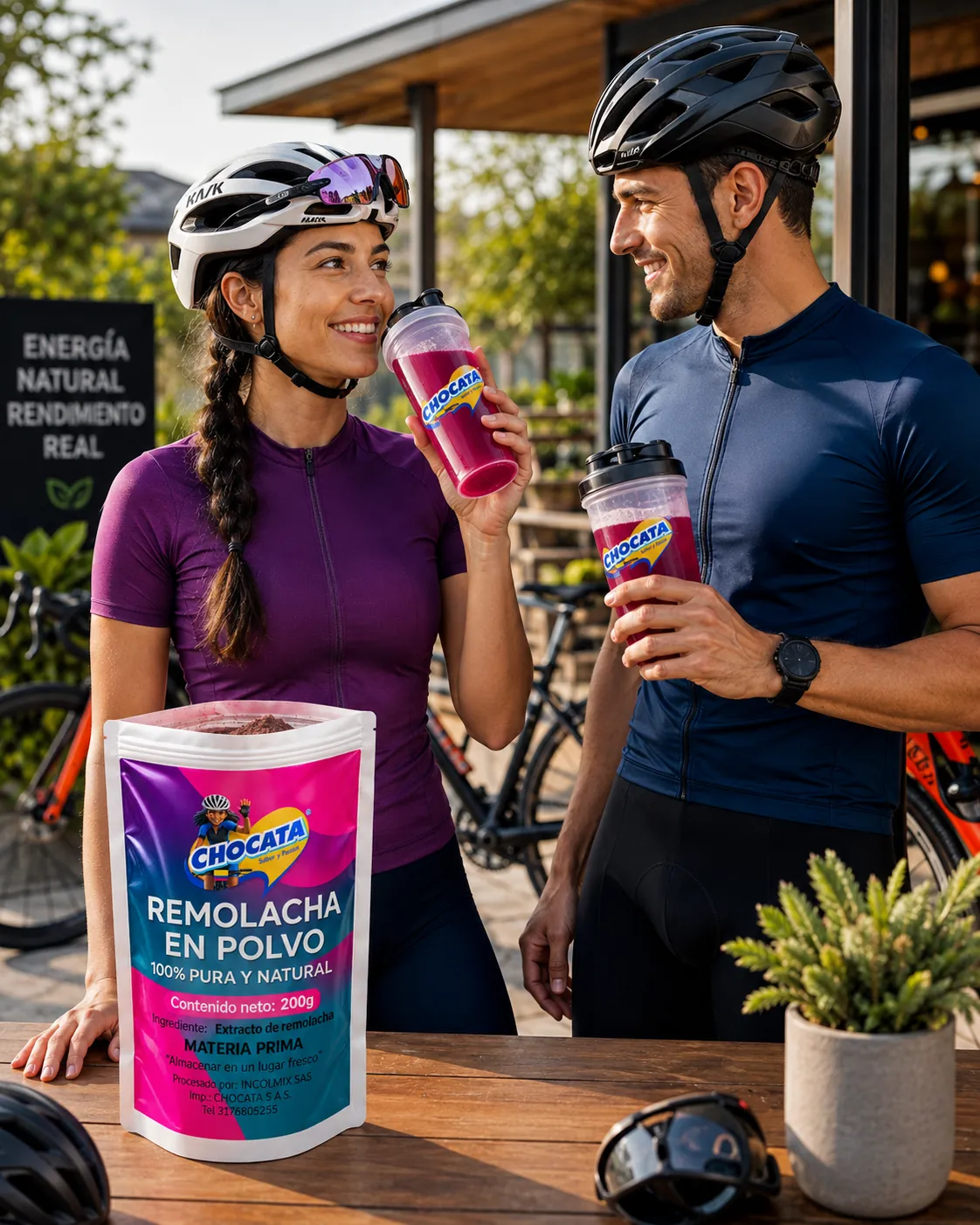 Ciclistas tomando bebida de remolacha CHOCATA antes de rodar