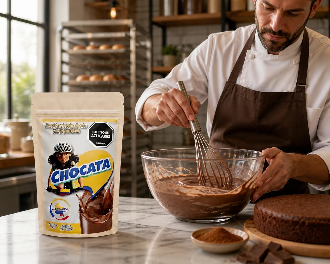 Chef preparando mezcla de repostería con CHOCATA