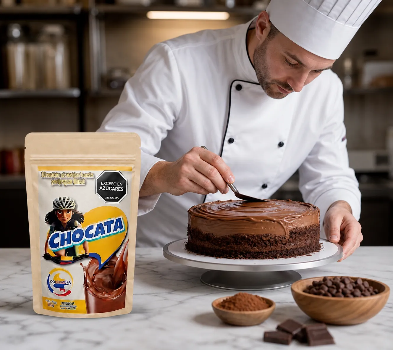 Chef pastelero cubriendo una torta con cobertura de chocolate CHOCATA