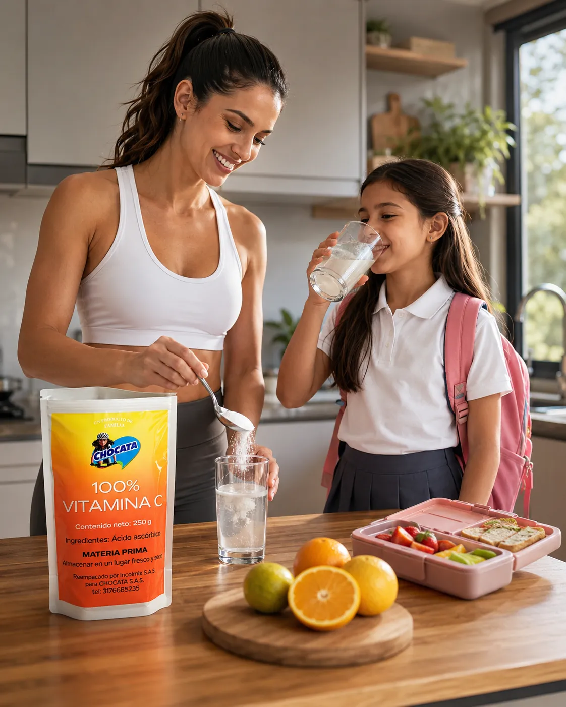 Madre e hija preparando vitamina C CHOCATA en la cocina